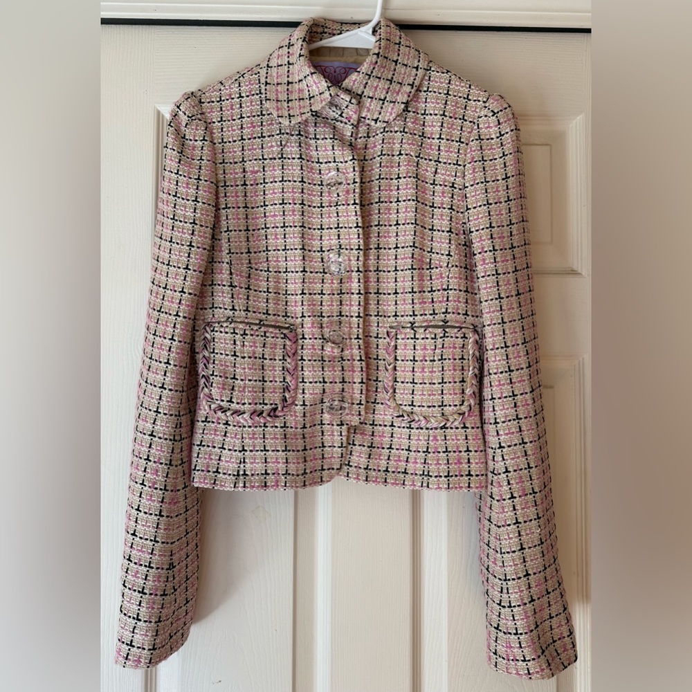 Tuleh Pink Tweed Wool Blend Cropped Jacket - Size 8